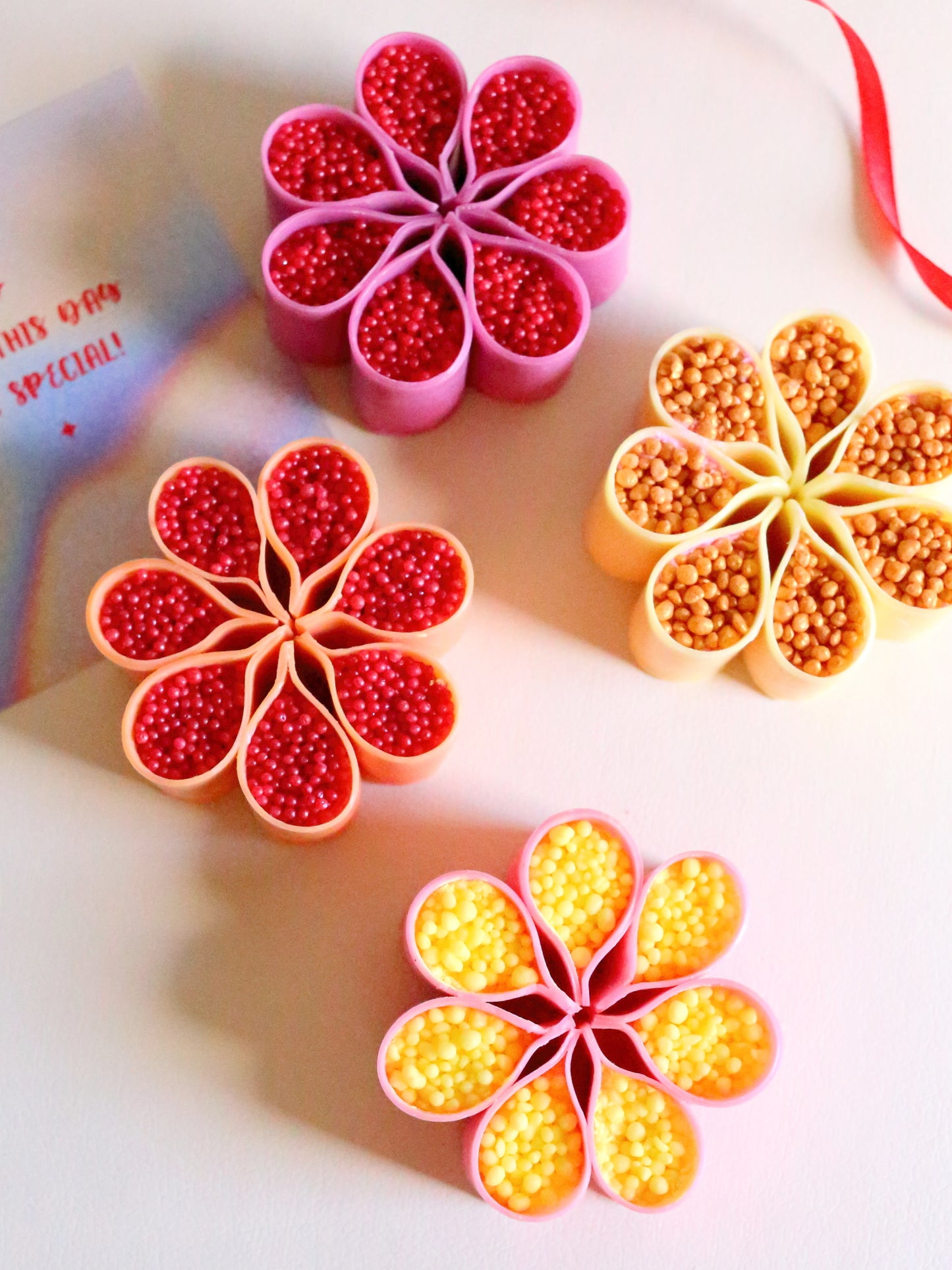 Pink-Yellow Set of 4 ASMR Flower-Shaped Soaps, Starch Filled Crunchy Soap Gift Box