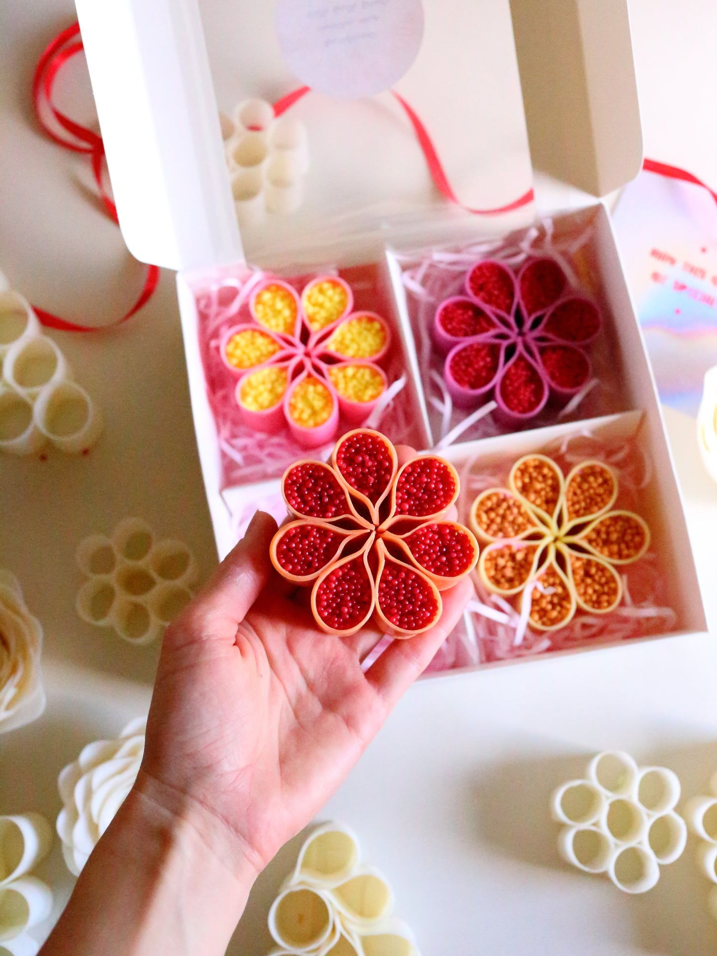 Pink-Yellow Set of 4 ASMR Flower-Shaped Soaps, Starch Filled Crunchy Soap Gift Box