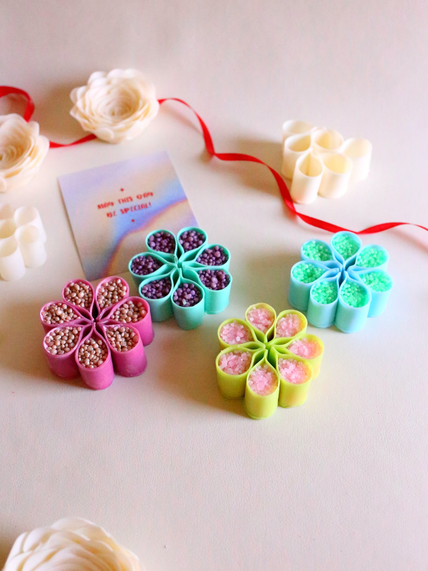 4 Blue-Green ASMR Flower-Shaped Soaps with Starch, Crispy Gift Set for ASMR Lover