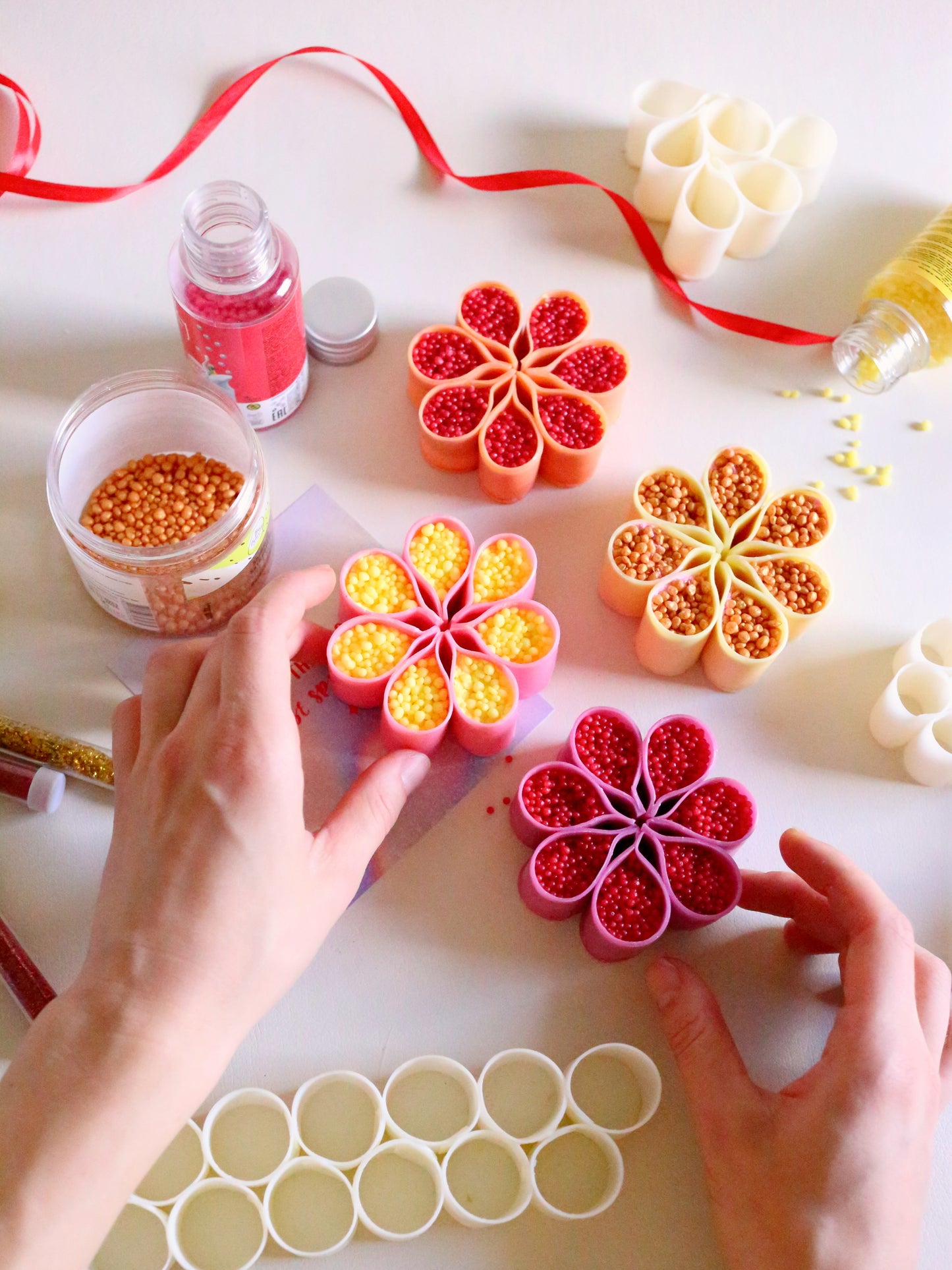 Pink-Yellow Set of 4 ASMR Flower-Shaped Soaps, Starch Filled Crunchy Soap Gift Box