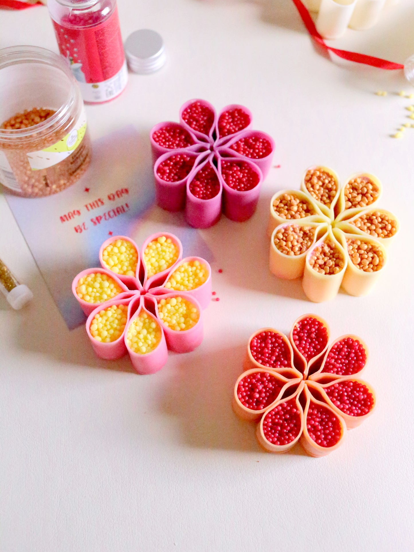 Pink-Yellow Set of 4 ASMR Flower-Shaped Soaps, Starch Filled Crunchy Soap Gift Box