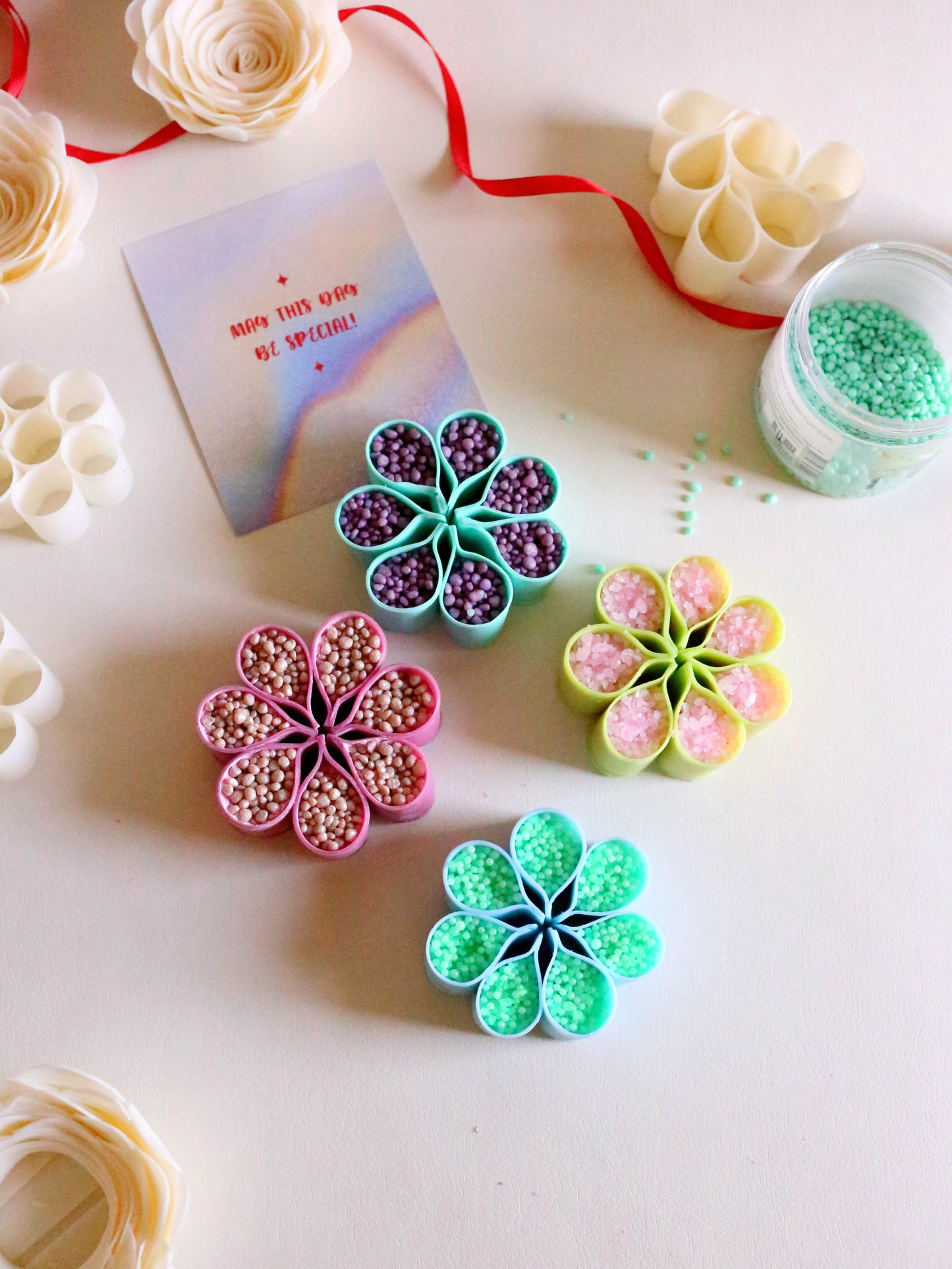 4 Blue-Green ASMR Flower-Shaped Soaps with Starch, Crispy Gift Set for ASMR Lover