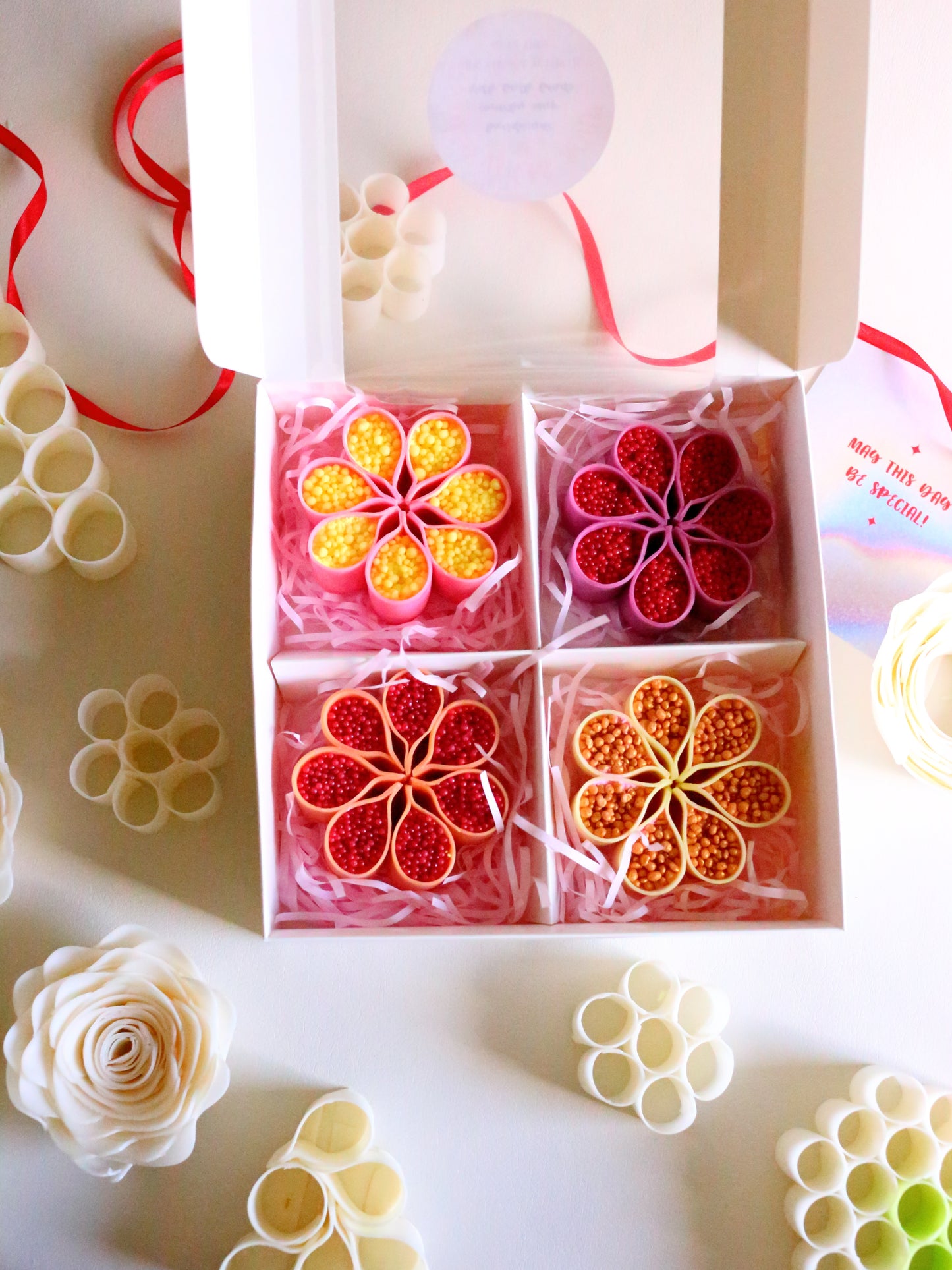 Pink-Yellow Set of 4 ASMR Flower-Shaped Soaps, Starch Filled Crunchy Soap Gift Box