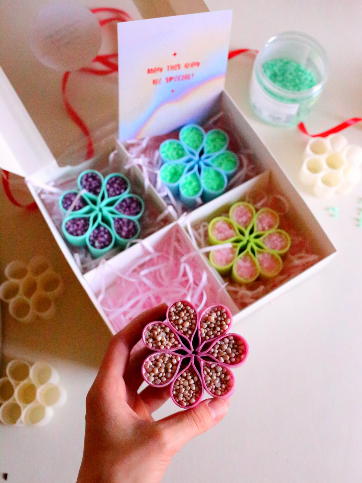 4 Blue-Green ASMR Flower-Shaped Soaps with Starch, Crispy Gift Set for ASMR Lover