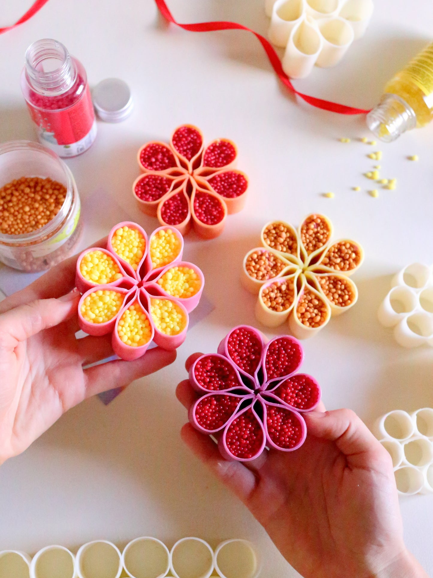 Pink-Yellow Set of 4 ASMR Flower-Shaped Soaps, Starch Filled Crunchy Soap Gift Box