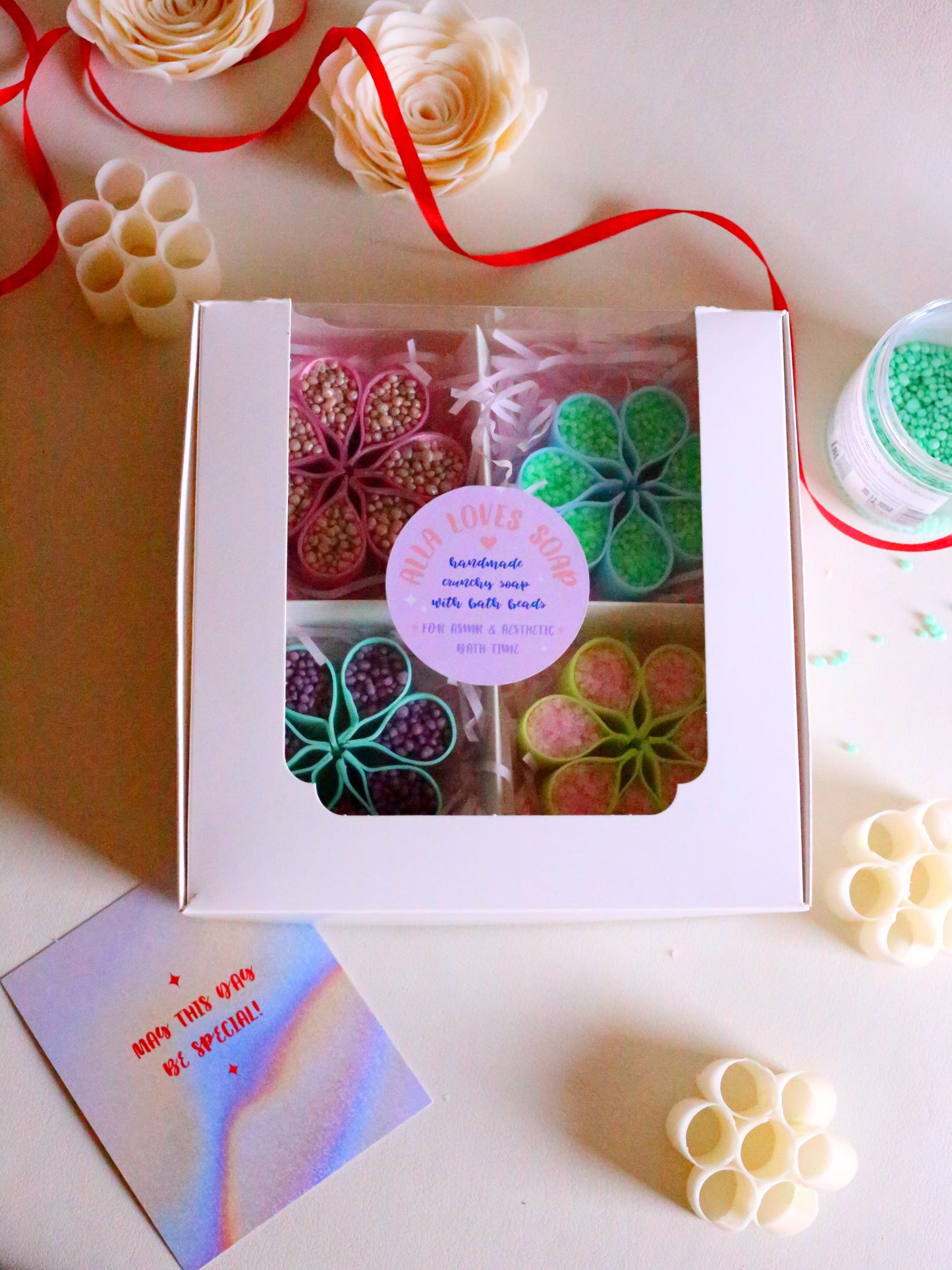 4 Blue-Green ASMR Flower-Shaped Soaps with Starch, Crispy Gift Set for ASMR Lover
