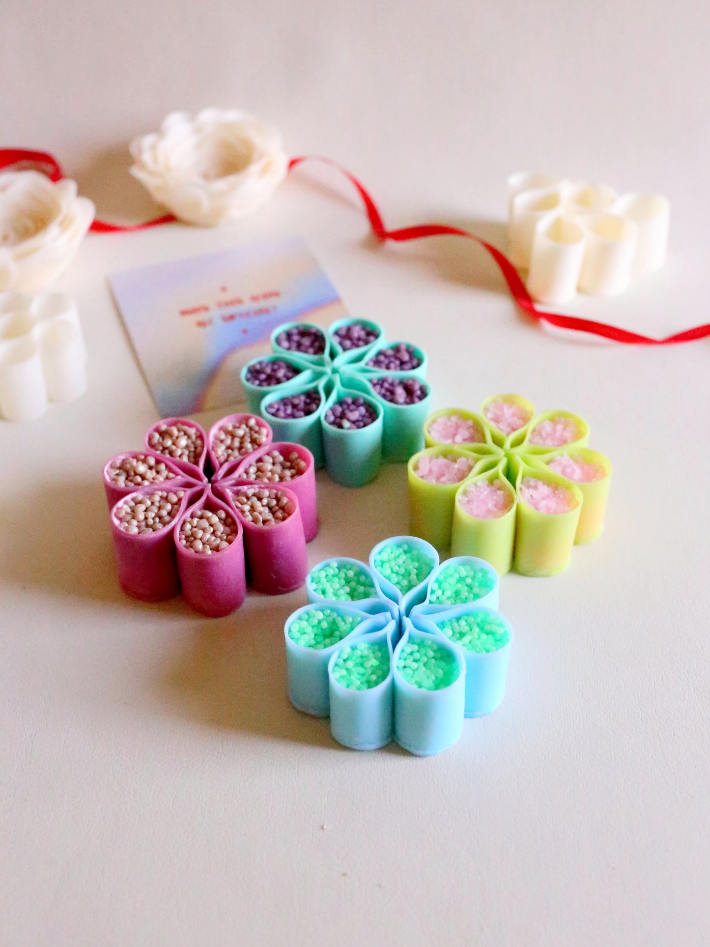 Pink-Yellow Set of 4 ASMR Flower-Shaped Soaps, Starch Filled Crunchy Soap Gift Box