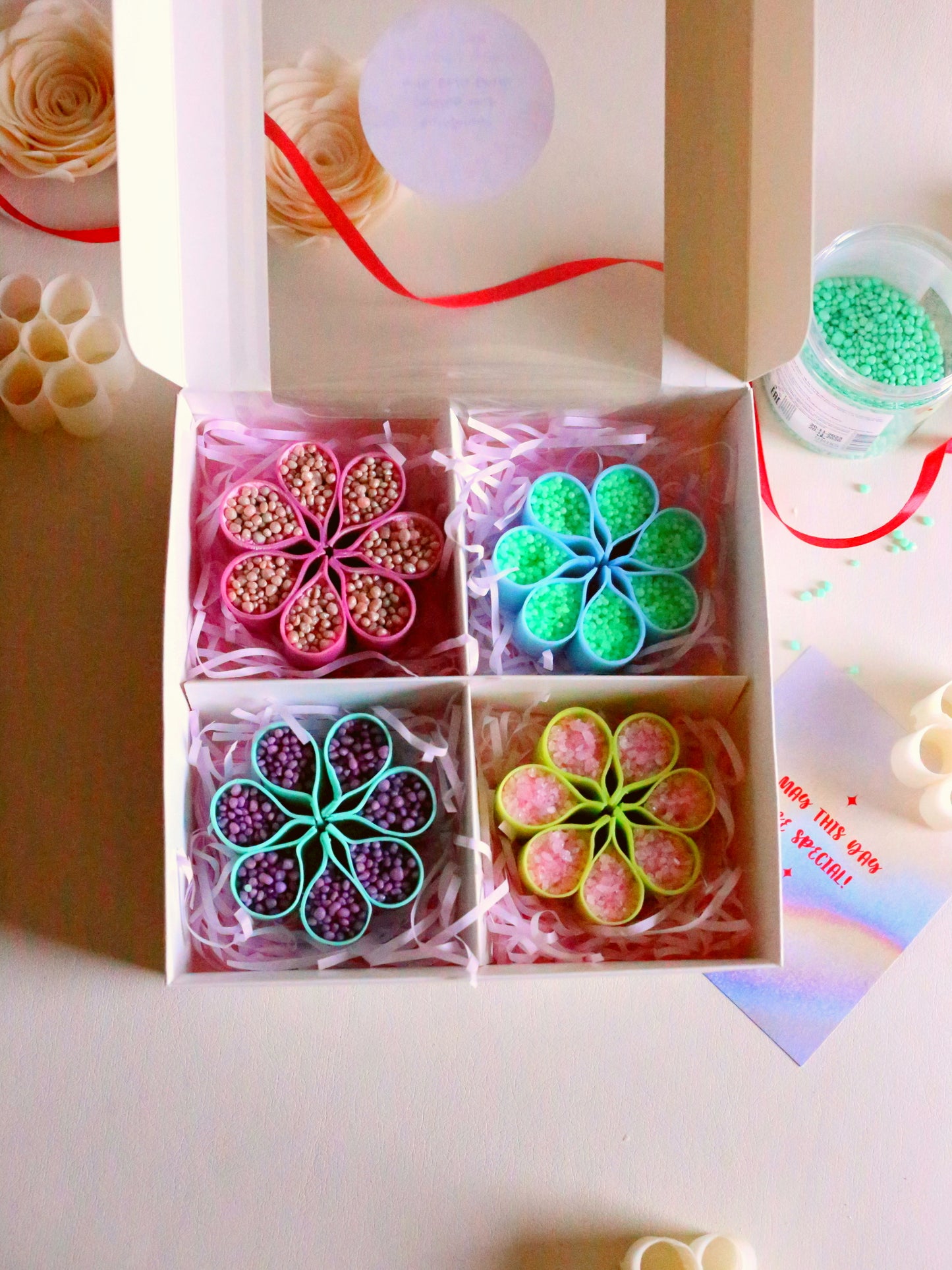 4 Blue-Green ASMR Flower-Shaped  Soaps with Starch, Crispy Gift Set for ASMR Lover